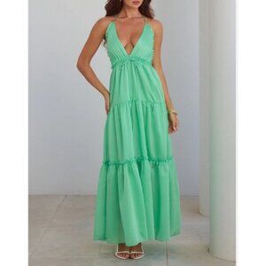 NWT Hello Molly Womens Sz Large Green Halter Maxi Dress Tiered Ruffle